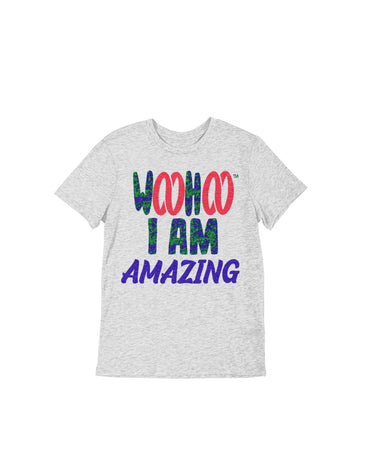 Heather Gray Unisex T-shirt featuring the text 'WooHoo I Am amazing' in a cool font, designed by WooHoo Apparel.